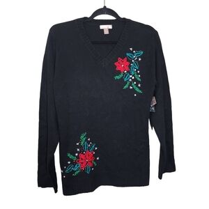 White Stag Christmas Sweater black with red poinsettia embroidered size Medium